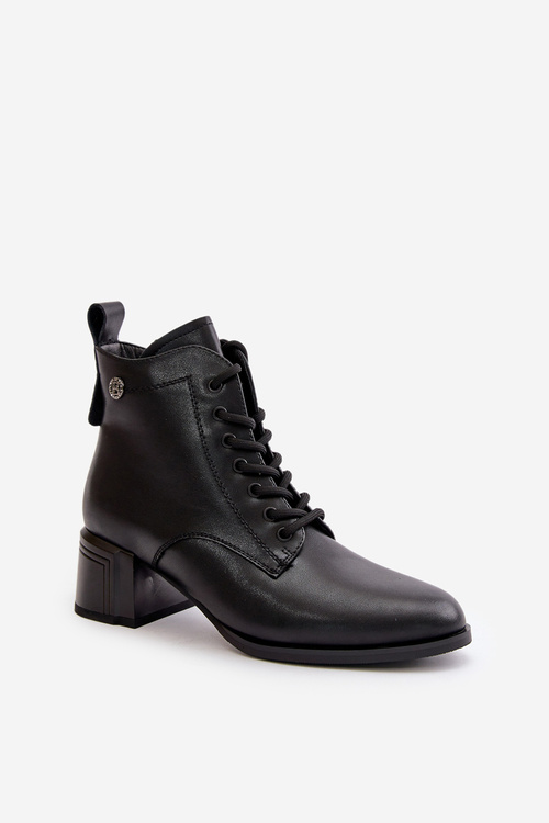 Sznurowane Botki Damskie Na Obcasie Ze Skóry Naturalnej Ocieplane Czarne Vinceza 91110