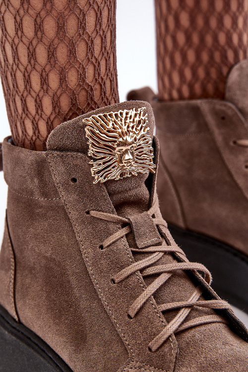 Sznurowane Botki Damskie Z Ozdobą Skórzane Ciemnobeżowe Nicole 2833