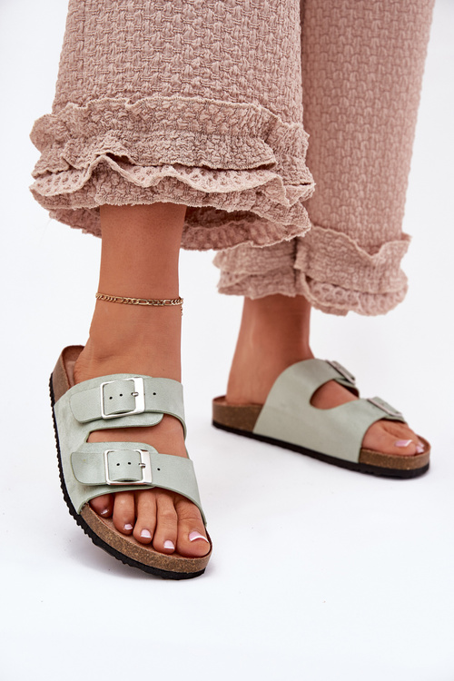 Klapki Damskie Na Korkowej Platformie Klamry Miętowe Evisolla