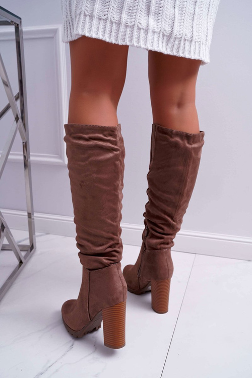 Kozaki Damskie Na Słupku Zamszowe Khaki Marion