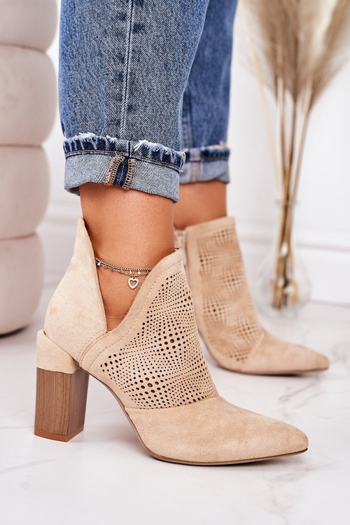Ażurowe Botki Na Słupku Beżowe Michelle