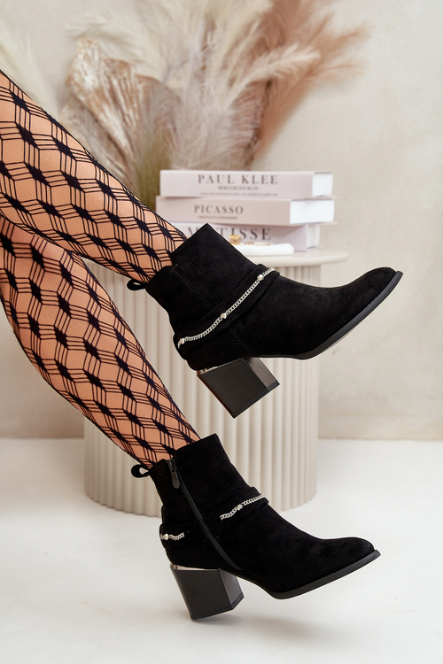 Ocieplane Botki Damskie Na Słupku Z Łańcuszkiem Eko Zamszowe Czarne Hanalen