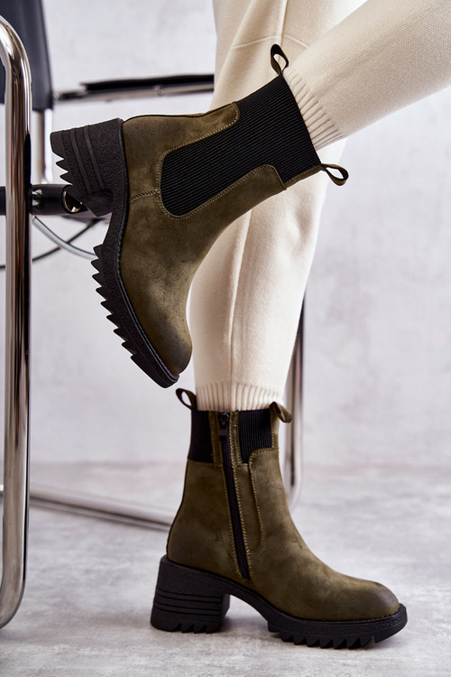 Damskie Ocieplane Botki Na Obcasie Zielone Abella