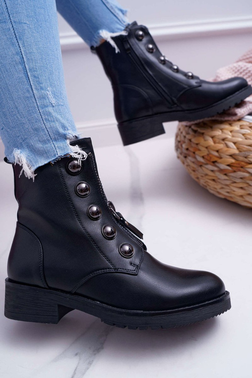 Botki Damskie Płaski Obcas Wysokie Czarne Yulio