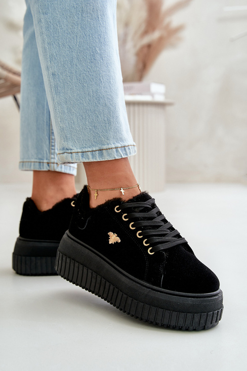 Sneakersy Damskie Ocieplane Na Masywnej Podeszwie Ze Złotym Detalem Czarne Lotira