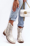 Zazoo 3305/2 Damskie Skórzane Ażurowe Botki Kowbojki Złote