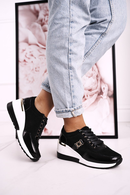 Damskie Skórzane Sneakersy Na Koturnie Czarne Złote Roxette