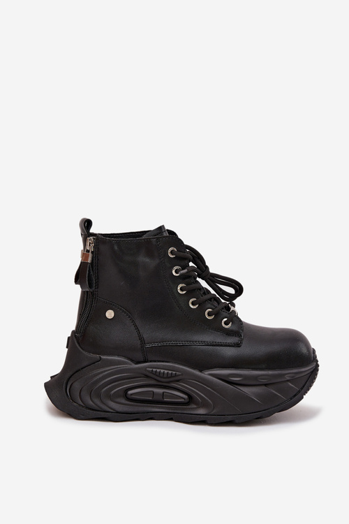 Skórzane Ocieplane Botki Damskie Na Platformie GOE SS2N4301 Czarne