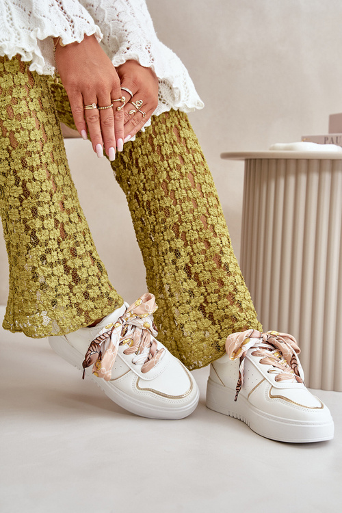 Sneakersy Damskie Na Platformie Z Ozdobnym Sznurowaniem Białe Mistra