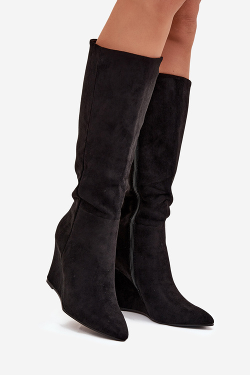 Ocieplane Kozaki Damskie Na Koturnie Czarne Rosina