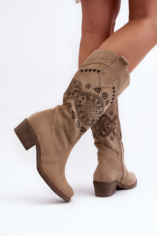 Zazoo 4043 Zamszowe Kozaki Na Niskim Obcasie Ażurowe Beżowe