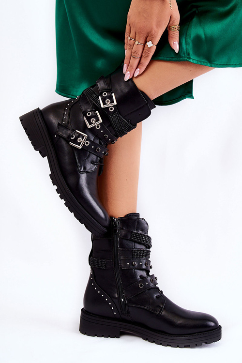 Damskie Ocieplane Botki Z Paskami Gładkie Czarne Lamberta