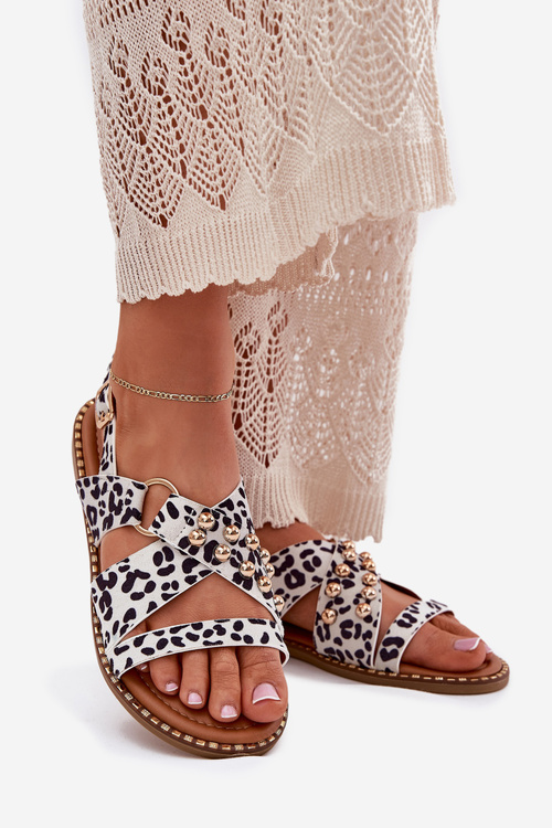 Sandały Damskie Na Płaskim Obcasie Ze Złotymi Ćwiekami Biało-Czarne Zanira