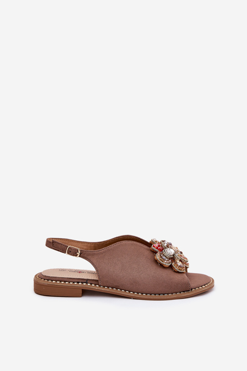 Sandały Damskie Na Płaskim Obcasie Z Ozdobą S.Barski KV27-001 Ciemnobeżowe