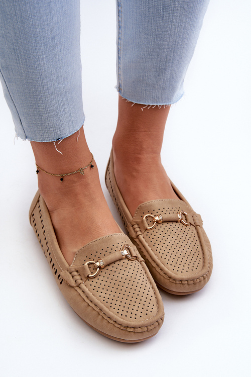 Mokasyny Damskie Ażurowe Z Ozdobą Brązowe Kaydance