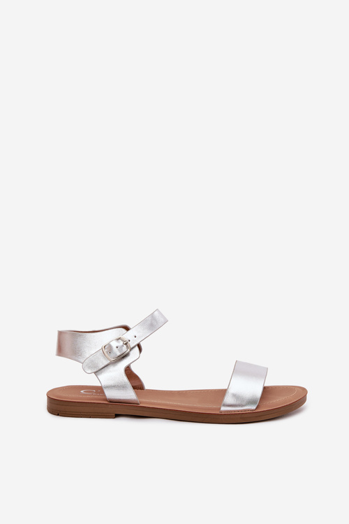 Sandały Damskie Na Płaskim Obcasie Eko Skórzane Srebrne Kivara