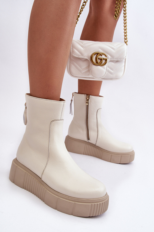 Damskie Skórzane Botki Na Platformie Jasnobeżowe Lemar Jenefer