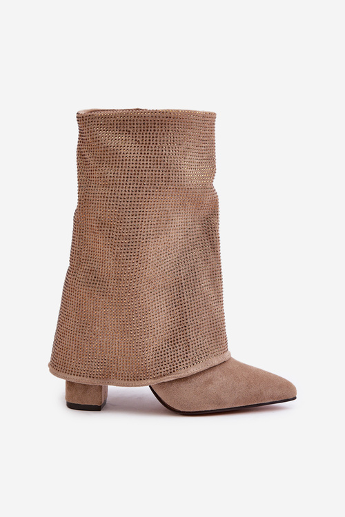 Zdobione Błyszczące Botki Z Wywiniętą Cholewką Na Słupku Ocieplane Beżowe Xistaria