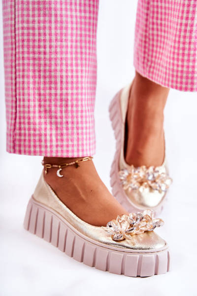 Skórzane Baleriny Na Platformie Z Ozdobą Złote Ladette