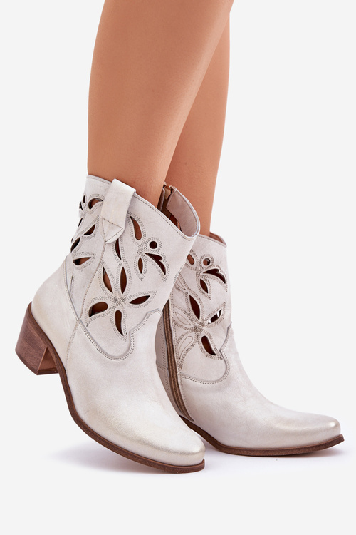 Skórzane Ażurowe Botki Na Obcasie Zazoo 3621 Złoty Przecierany