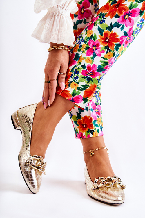 Skórzane Lakierowane Wężowe Czółenka Złote Elissabeth