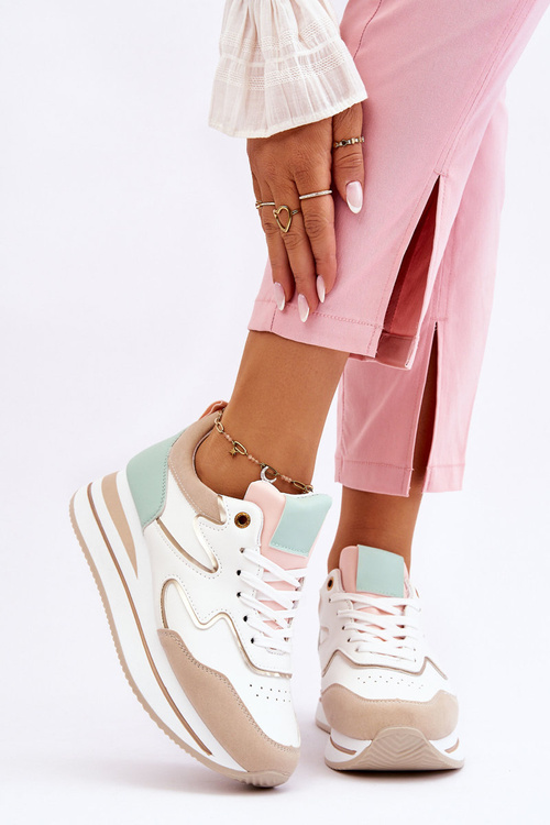 Modne Skórzane Buty Sportowe Biało-Beżowe Roen