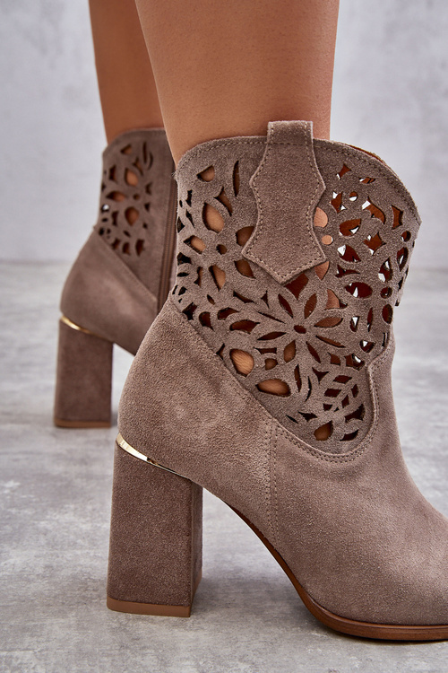 Zamszowe Ażurowe Botki Lewski Shoes 3264 Jasnobrązowe