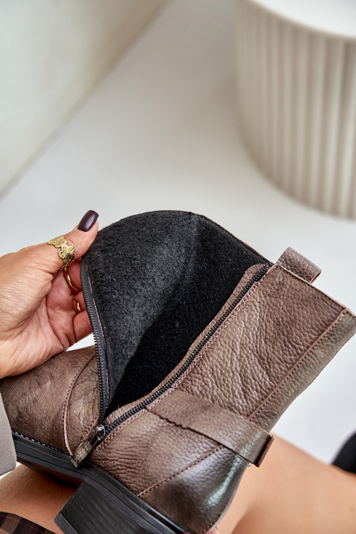 Zazoo 60480 Skórzane Botki Na Niskim Obcasie Ocieplane Brązowo-Szare