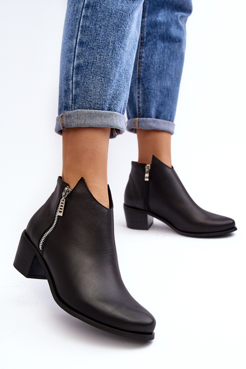 Skórzane Botki Damskie Z Niską Cholewką Na Słupku Z Suwakami Czarne Annaja