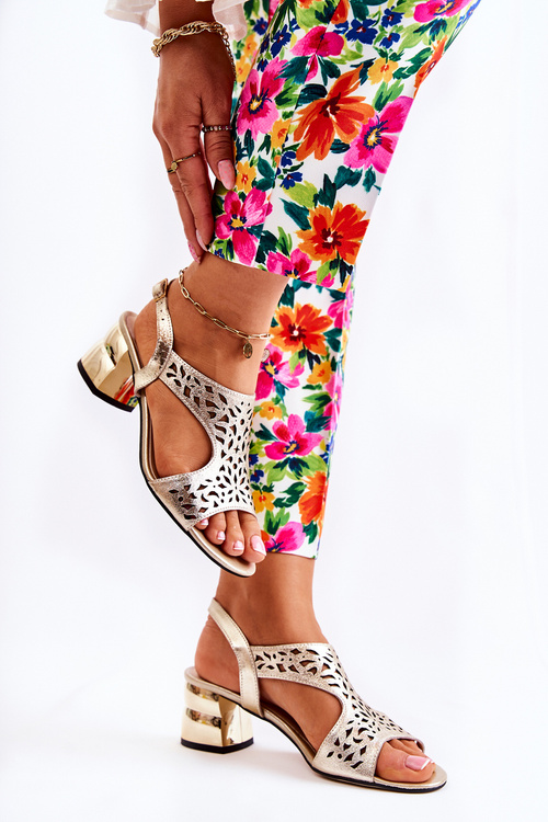 Skórzane Ażurowe Sandałki Na Obcasie Złote Salvio