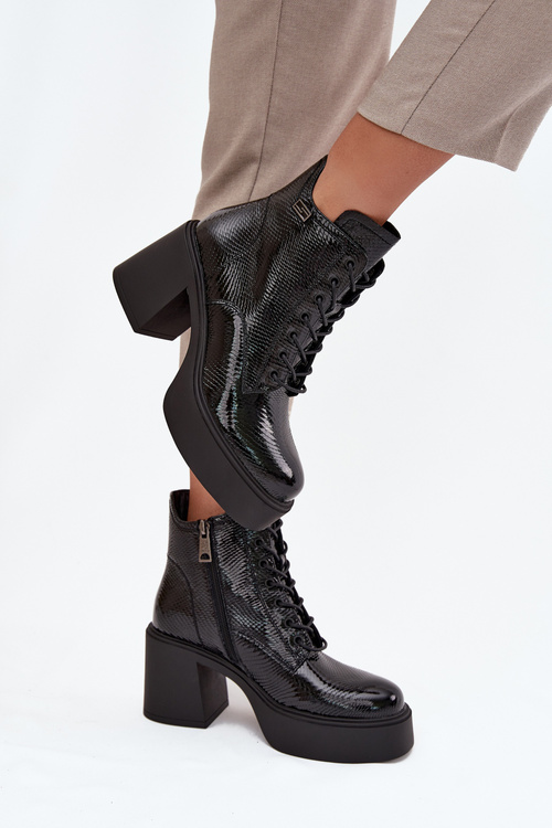 Lakierowane Skórzane Botki Damskie Na Platformie I Słupku Vinceza 66817 Czarne