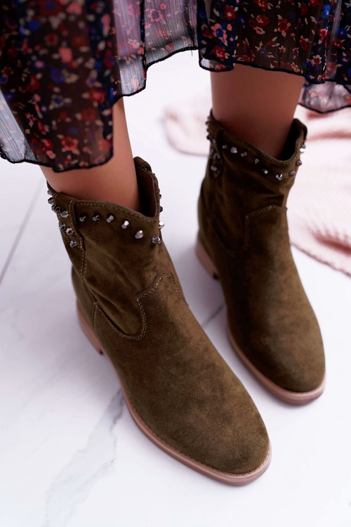 Botki Damskie Na Koturnie Płaski Obcas Ocieplane Za Kostkę Oliwkowe Deminis