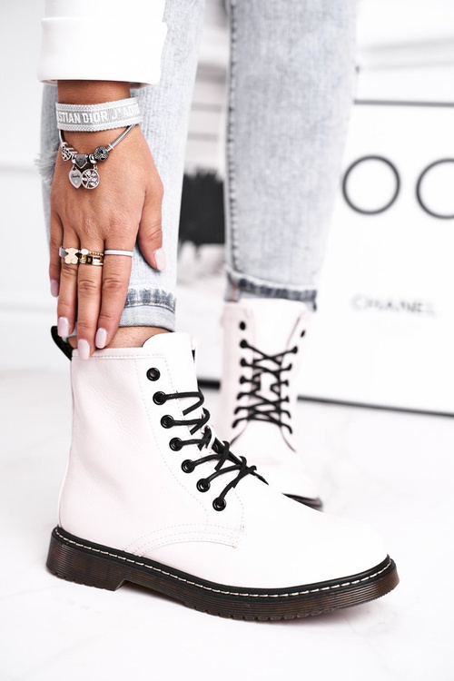 Botki Damskie Lakierowane Trapery Glany Białe Marita