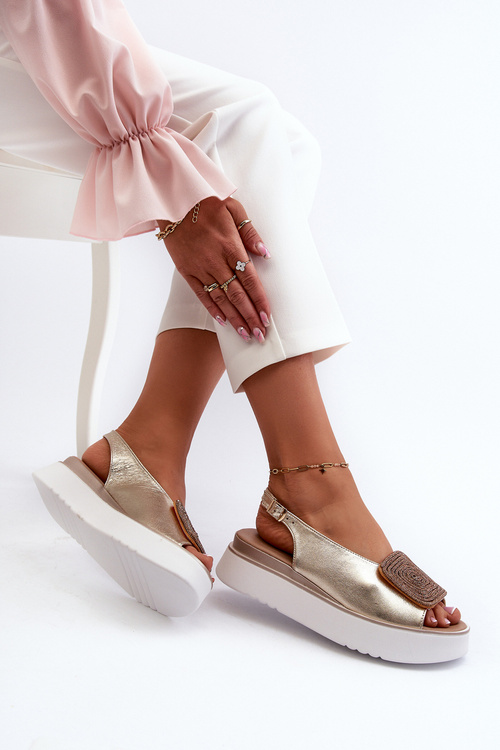 Zazoo 1786 Skórzane Sandały Damskie Na Platformie Z Ozdobą Złote