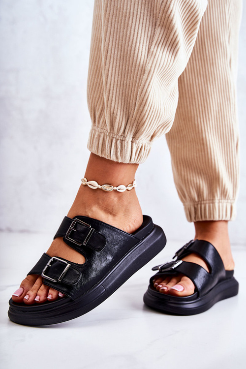 Damskie Skórzane Klapki Ze Sprzączką La.Fi Czarne Nariss