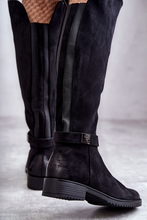 Zamszowe Damskie Kozaki Na Płaskim Obcasie Czarne Henrike