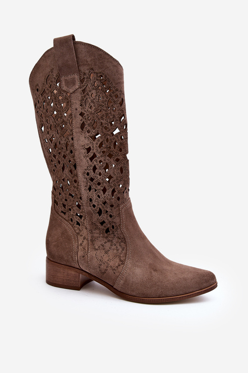 Zazoo 3403 Ażurowe Kozaki Damskie Na Niskim Obcasie Ciemnobeżowe