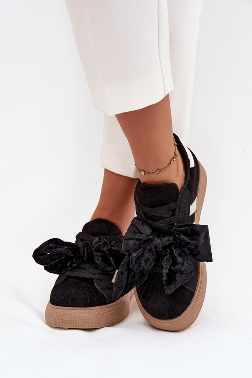 Sneakersy Damskie Z Welurową Kokardą Czarne Ashlyn
