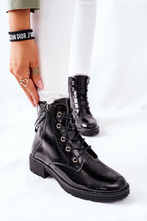 Botki Damskie Workery Lakierowane Czarne Goorey