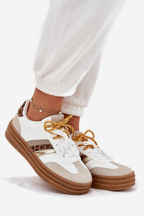 Sneakersy Damskie Na Platformie Z Podwójnym Sznurowaniem Panterka Białe Niteria