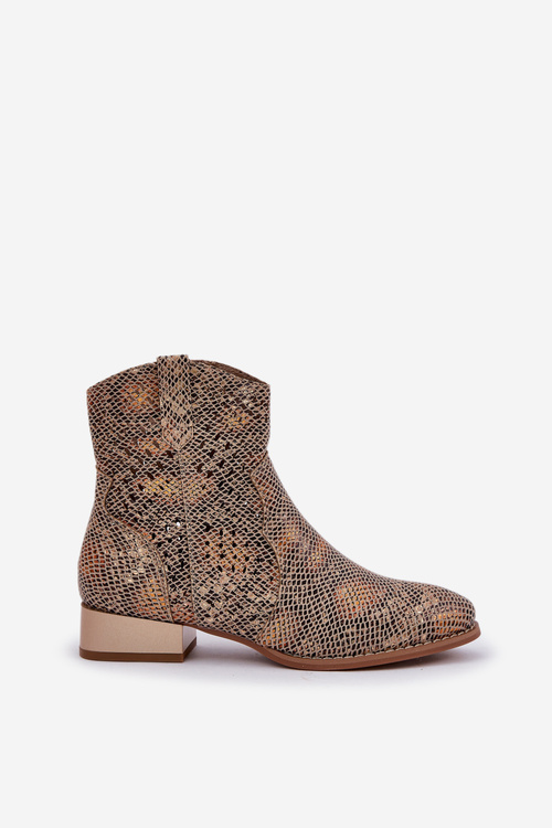 Ażurowe Damskie Botki Na Niskim Obcasie Ozdobione Zwierzęcym Wzorem Złote Neliawen