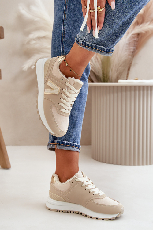 Sneakersy Buty Sportowe Damskie Ocieplane Kożuchem Beżowe Ciamara