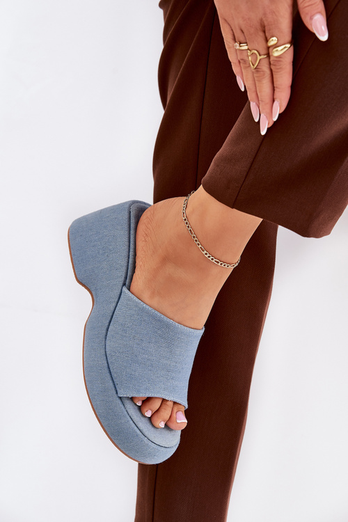 Materiałowe Klapki Damskie Na Platformie I Koturnie Jeansowe Afisal