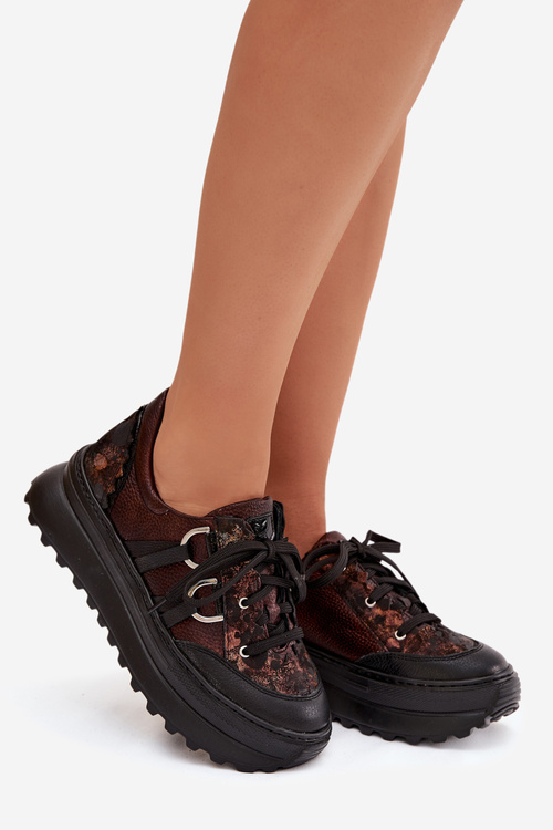 Skórzane Sneakersy Damskie Na Platformie Maciejka 06562-25 Czekoladowe