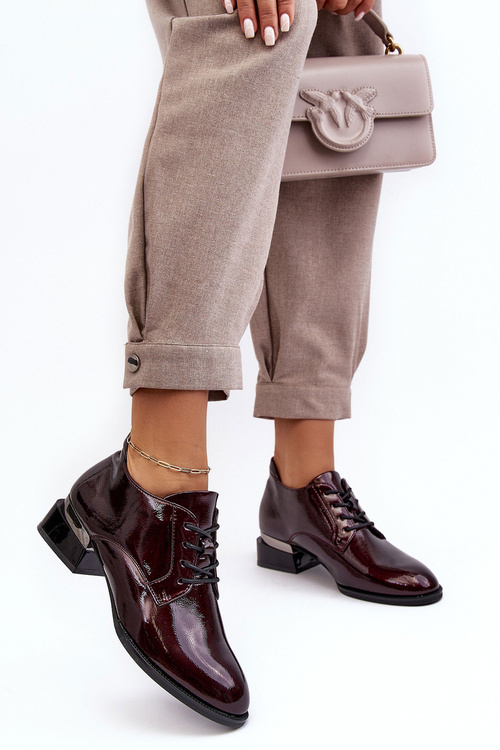 Lakierowane Półbuty Damskie Sznurowane Bordowe Banosa