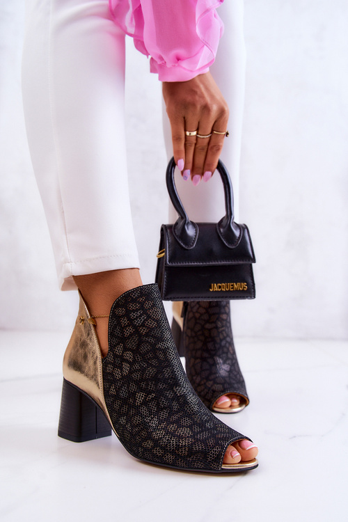 Skórzane Botki Na Słupku Maciejka 05507-01 Czarno-Złote