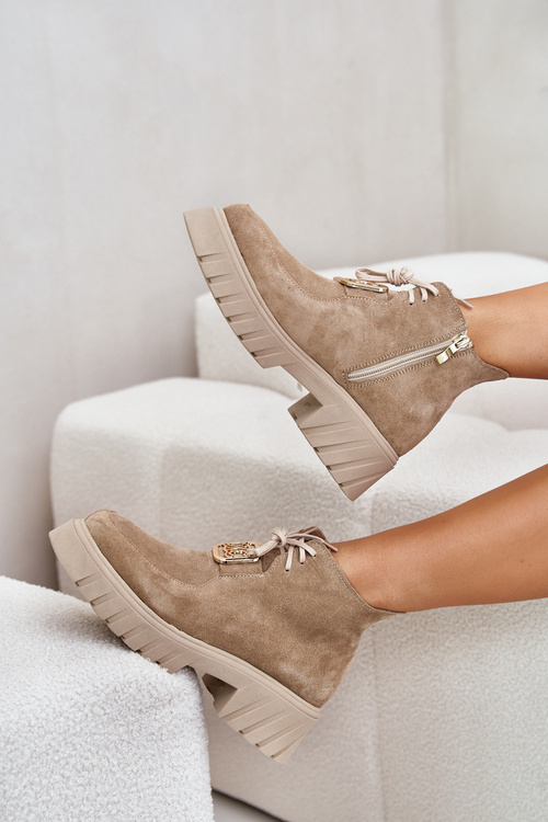 Zazoo 2952 Zamszowe Botki Ze Złotą Ozdobą Beżowe