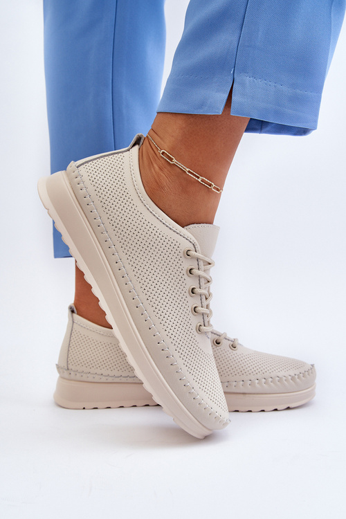 Skórzane Sportowe Buty Trampki Damskie Beżowe Lalnai