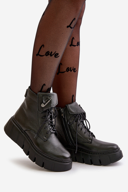 Zazoo 60511 Skórzane Botki Damskie Na Platformie Ocieplane Czarne