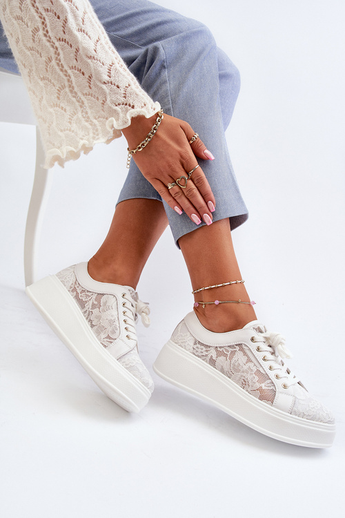 Koronkowe Sneakersy Damskie Na Platformie S.Barski HY51-059 Białe